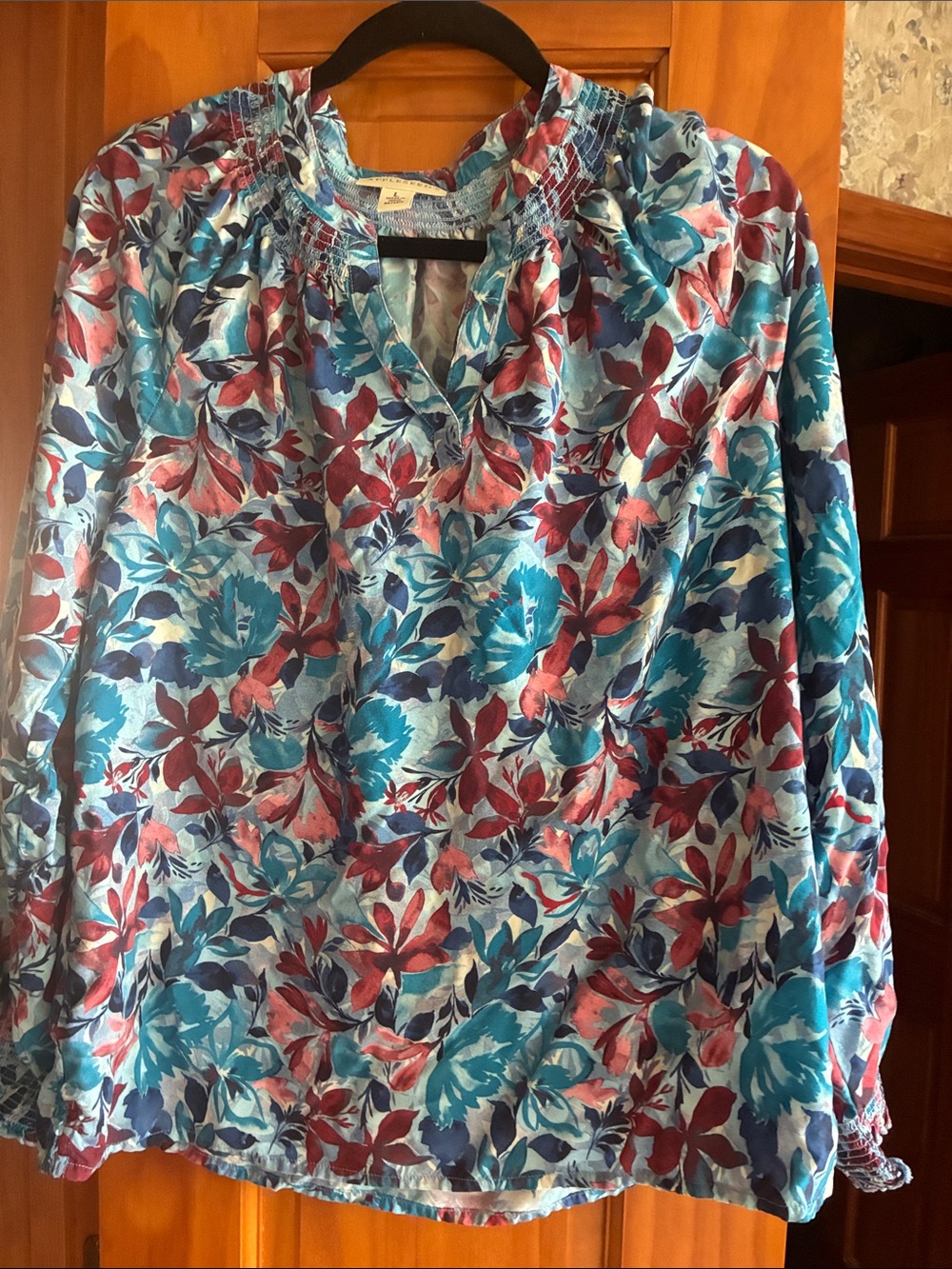 Appleseed's Blue Teal and Maroon Floral Blouse